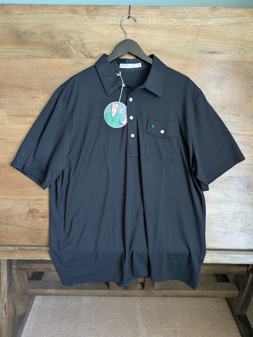 NWT Criquet Polo Shirt Mens XXL Black Stretch Short Sleeve Flap Pocket Popover